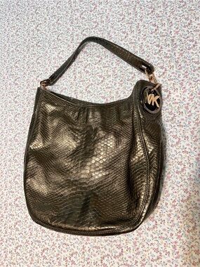 Michael Kors Bronze Metallic Snakeskin-Effect Shoulder Hobo